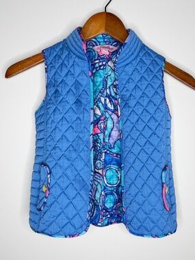 Lilly Pulitzer Girls Lucy Quilted Open Vest Sea Jewels Bay Blue Pink M 6 7